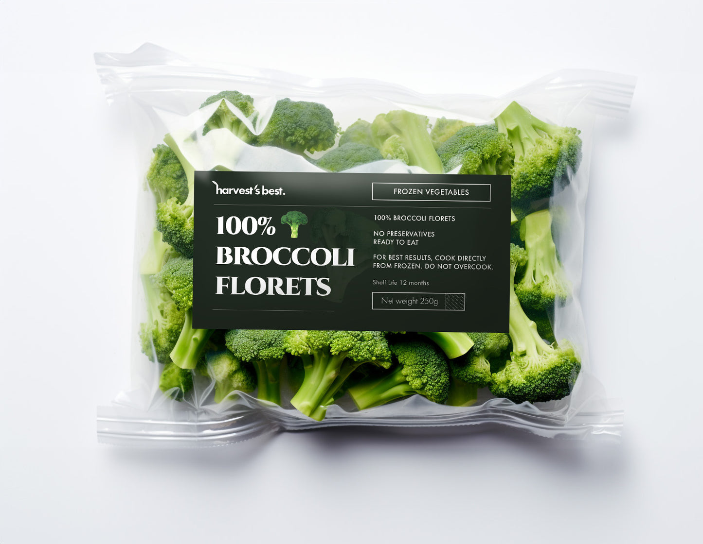 Broccoli frozen in a plastic bag with label and a white background