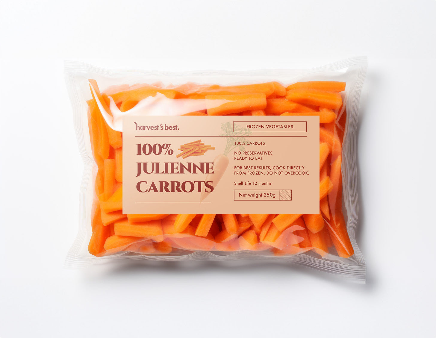 Julienne Carrot Cut frozen in a plastic bag with label and a white background