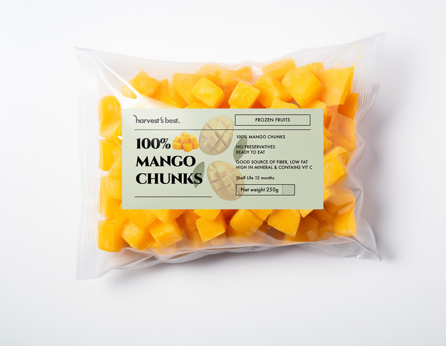 Mango Chunks frozen in a plastic bag with label and a white background