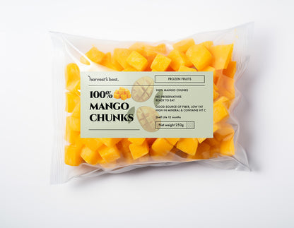 Mango Chunks frozen in a plastic bag with label and a white background