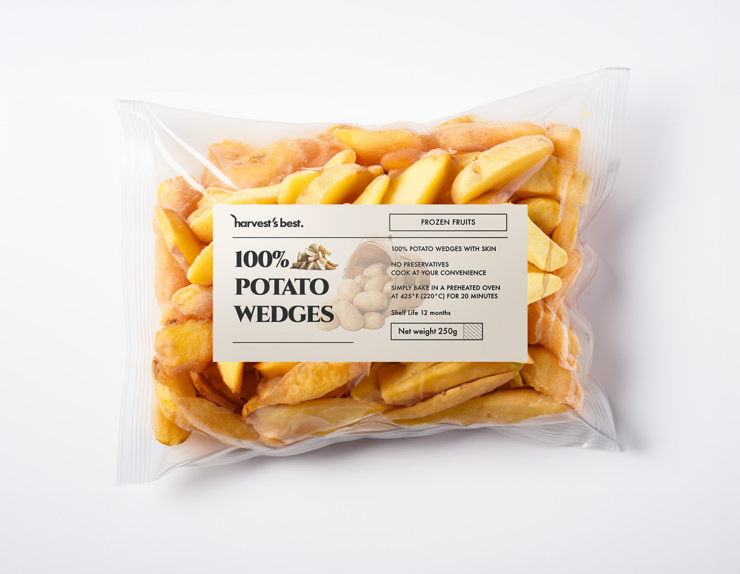 Potato wedges frozen in a plastic bag with label and a white background