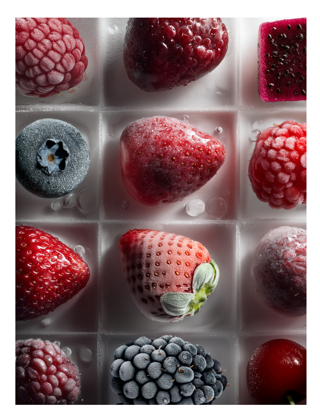 Frozen berries arranged in an ice grid