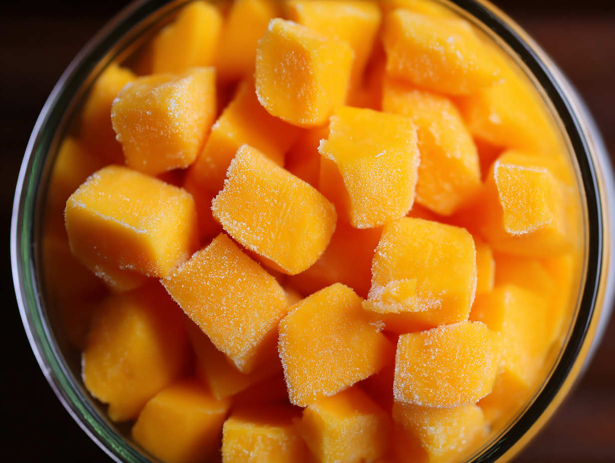 Frozen mango chunks in a bowl